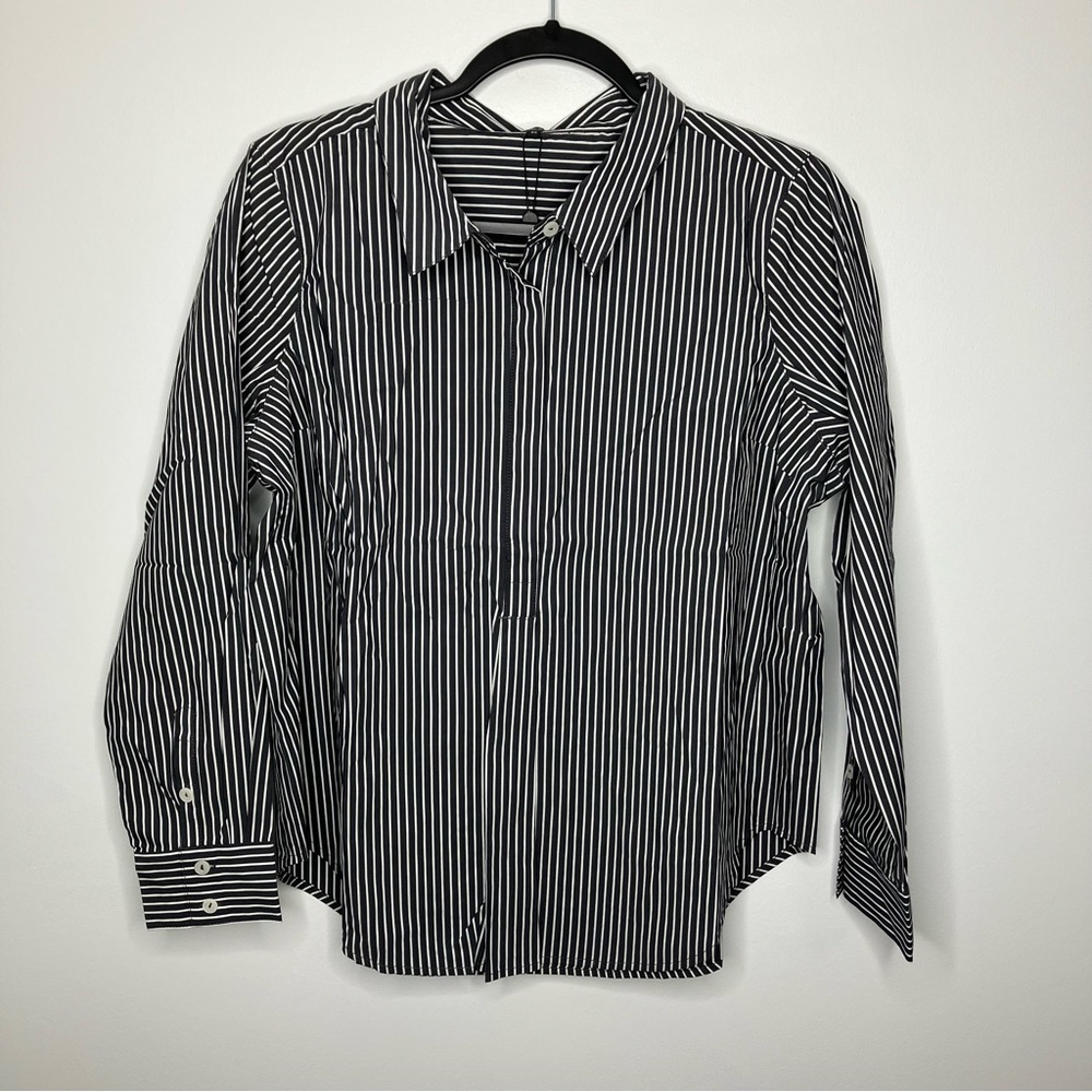 NWT UNIVERSAL STANDARD Elbe Poplin Shirt Black White Stripe 10/12 PETITE